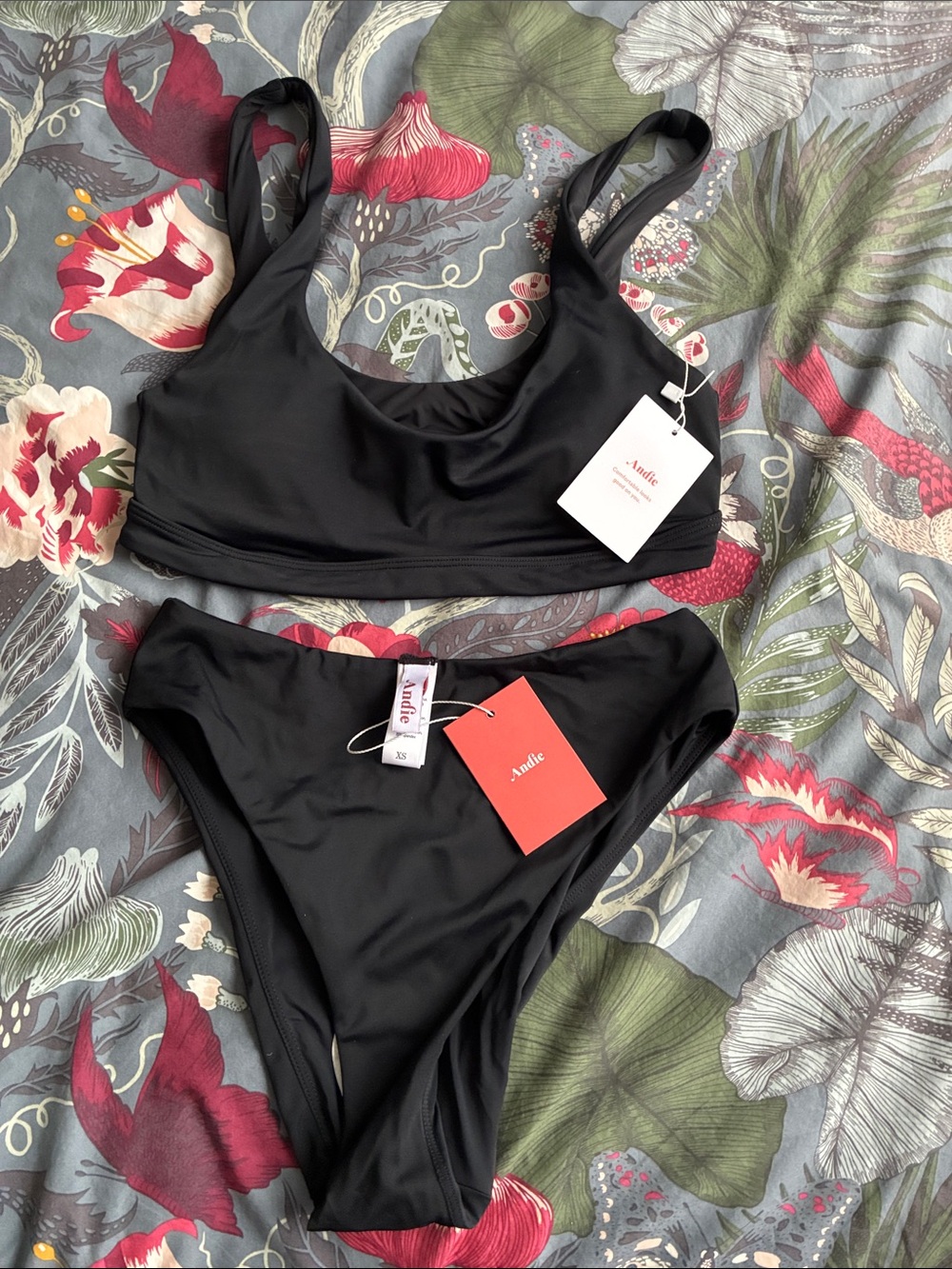 Andie Black Scoop Bikini Top with High-Cut Black Bottoms